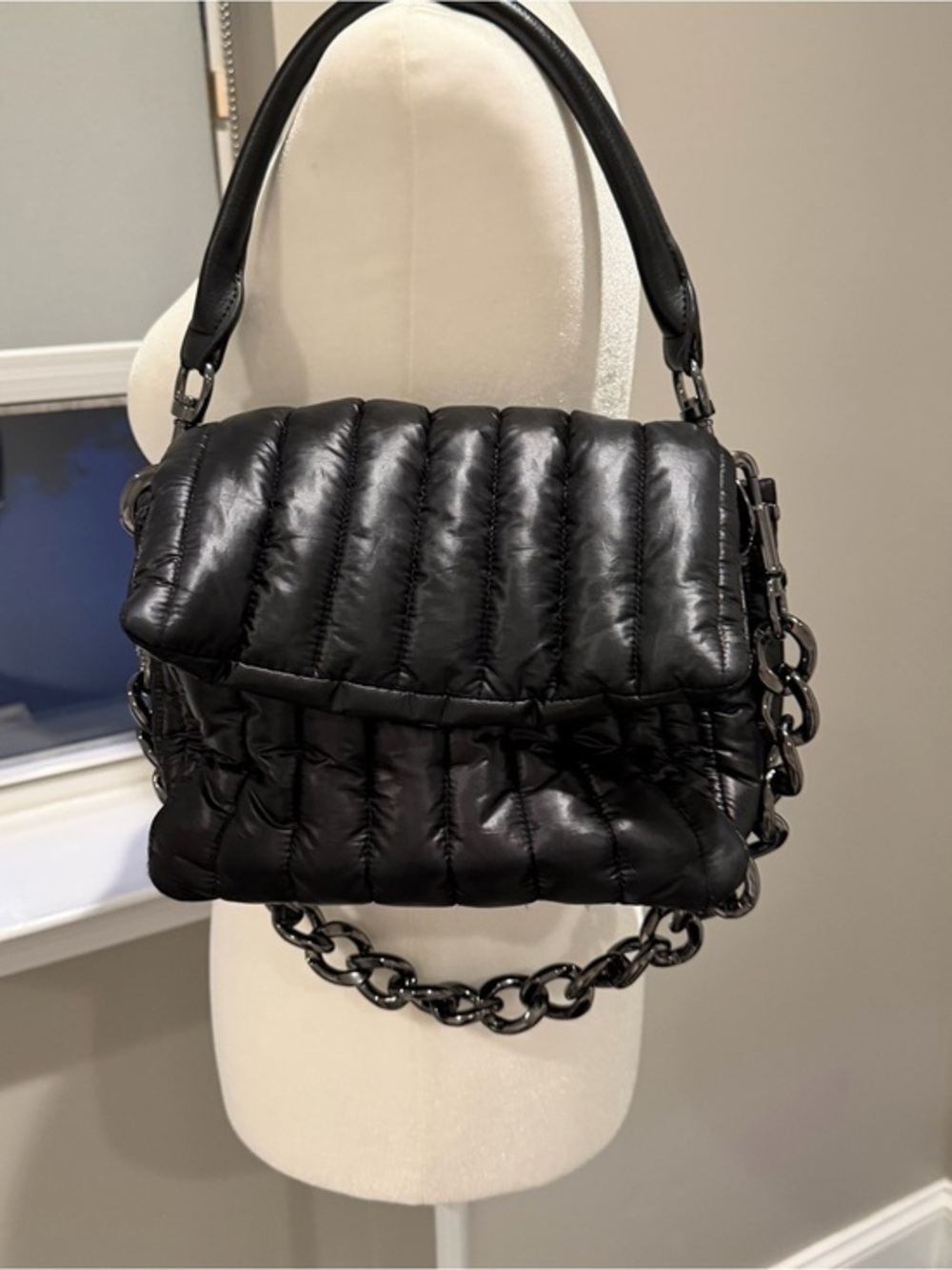 THINK ROYLN Black Quilted Puffer Shoulder Bag with Chain